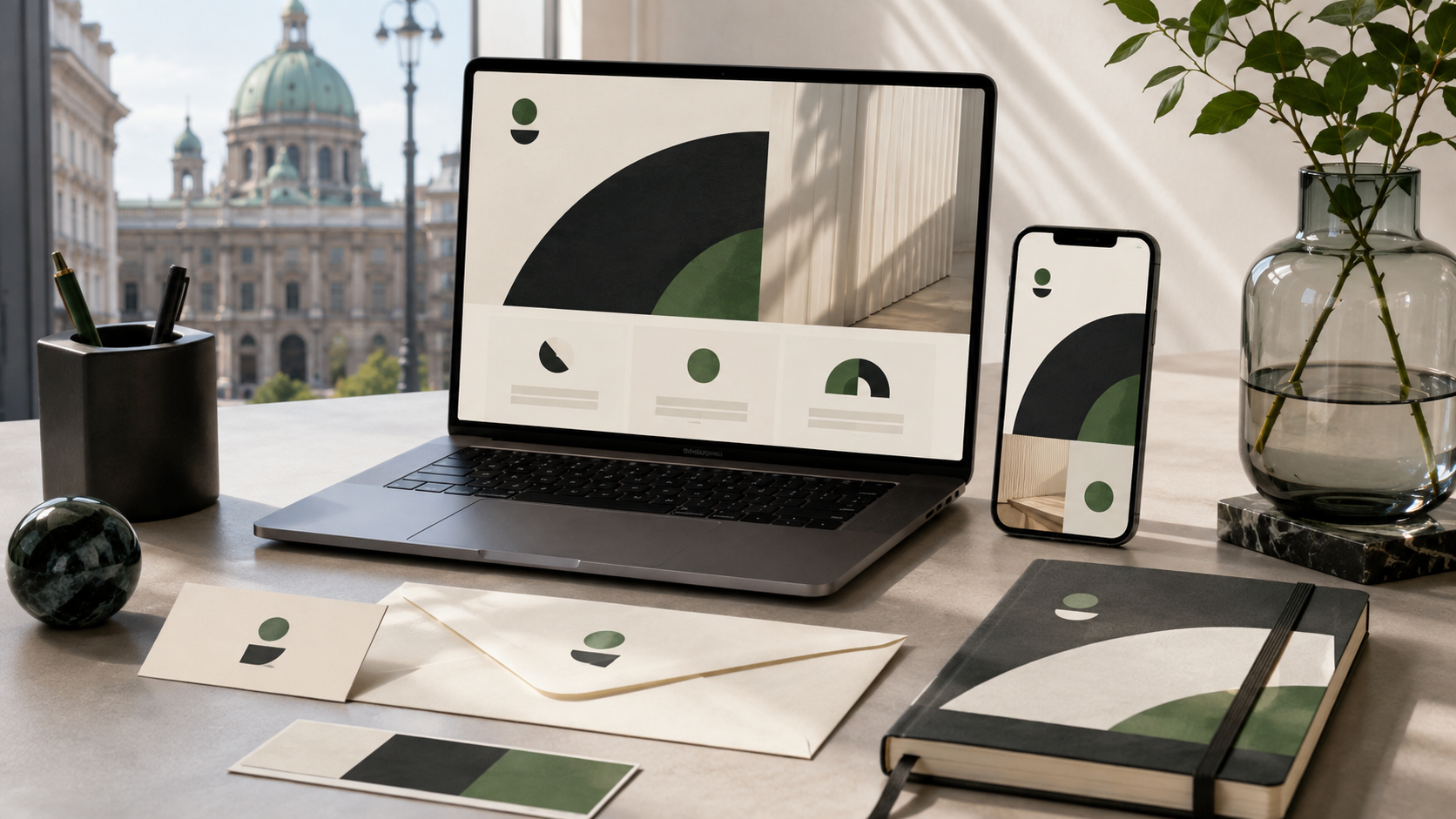 Arbeitsplatz mit Bildschirm und fertigem Firmenauftritt — sichtbarer Start eines neuen Unternehmens