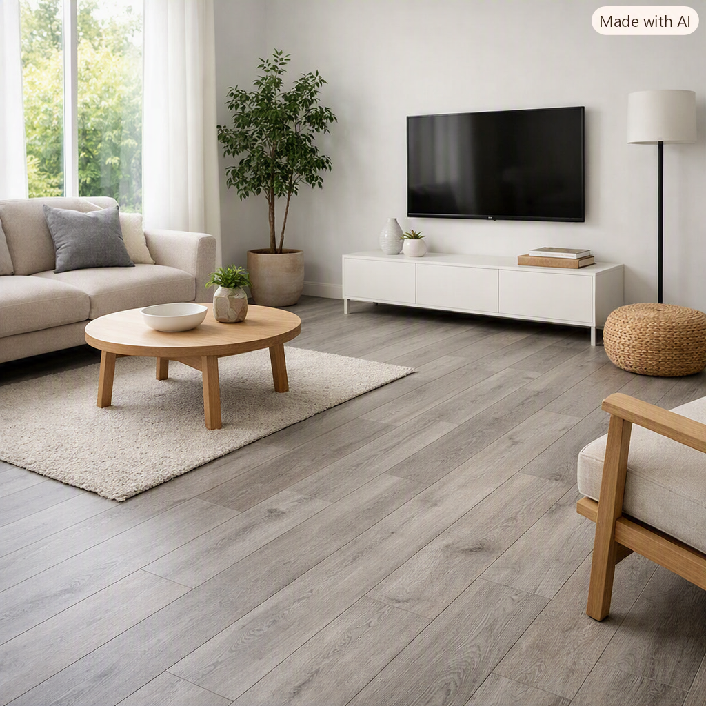 Wohnzimmer mit neu verlegtem Designboden in heller Holzoptik